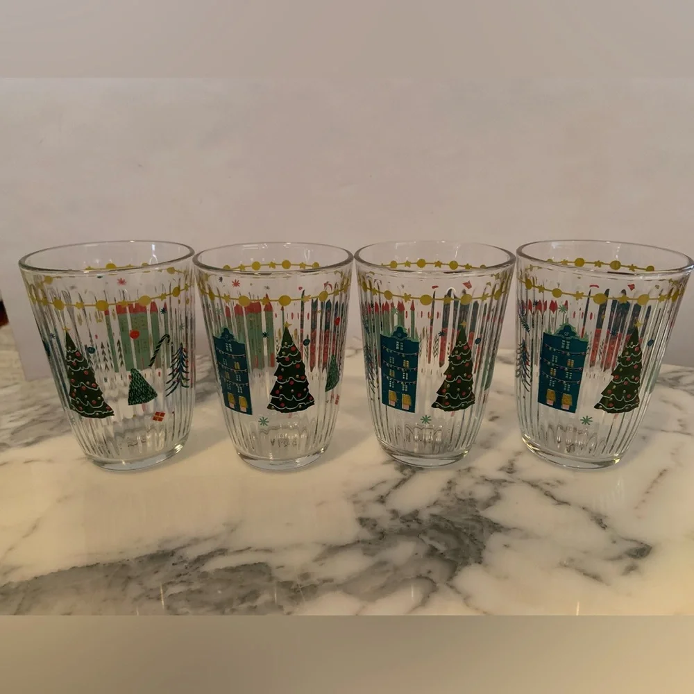 Rakle Holiday Village Christmas Tumblers Set Of 4 Ribbed Glass